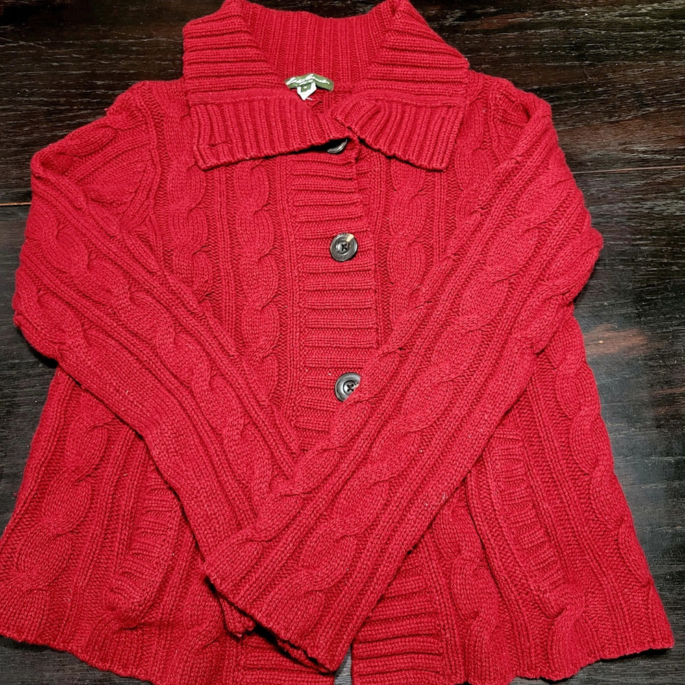 Eddie Bauer Sweater Womens Med Red Merino Wool Blend Cable Knit Cardigan